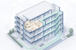 共同住宅の専有部と共用廊下・階段を示した建築デューデリジェンスのイメージ