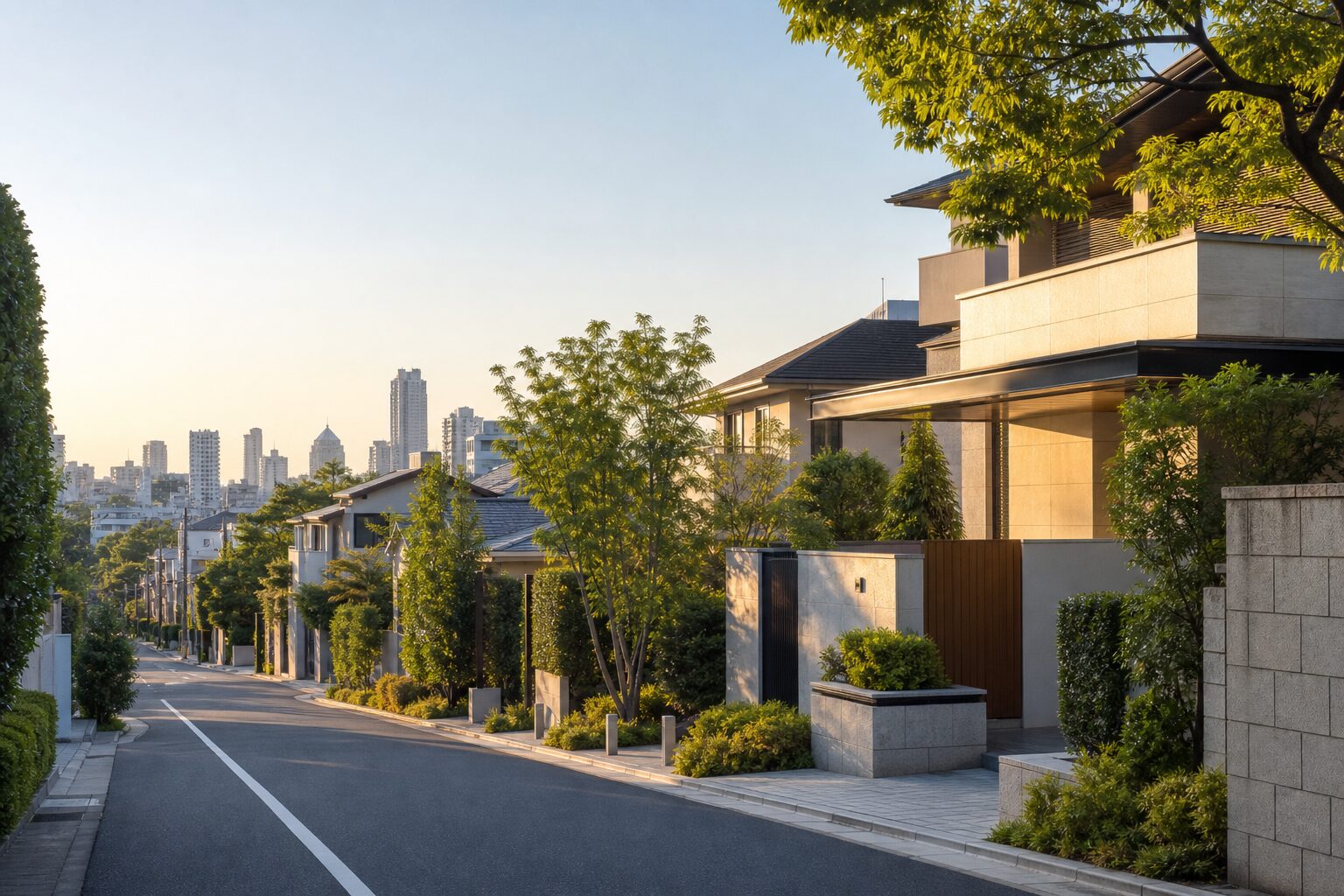 緑と落ち着いた住宅が並ぶ高級住宅地のイメージ