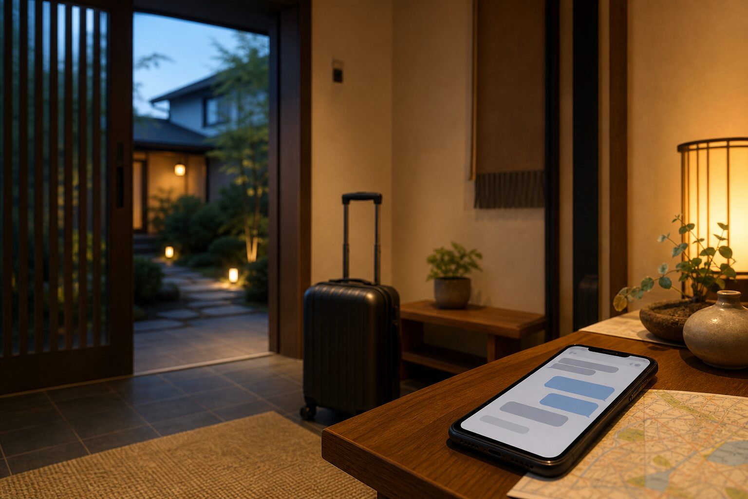 スマートフォンの案内と旅行用品が置かれた無人民泊の玄関イメージ