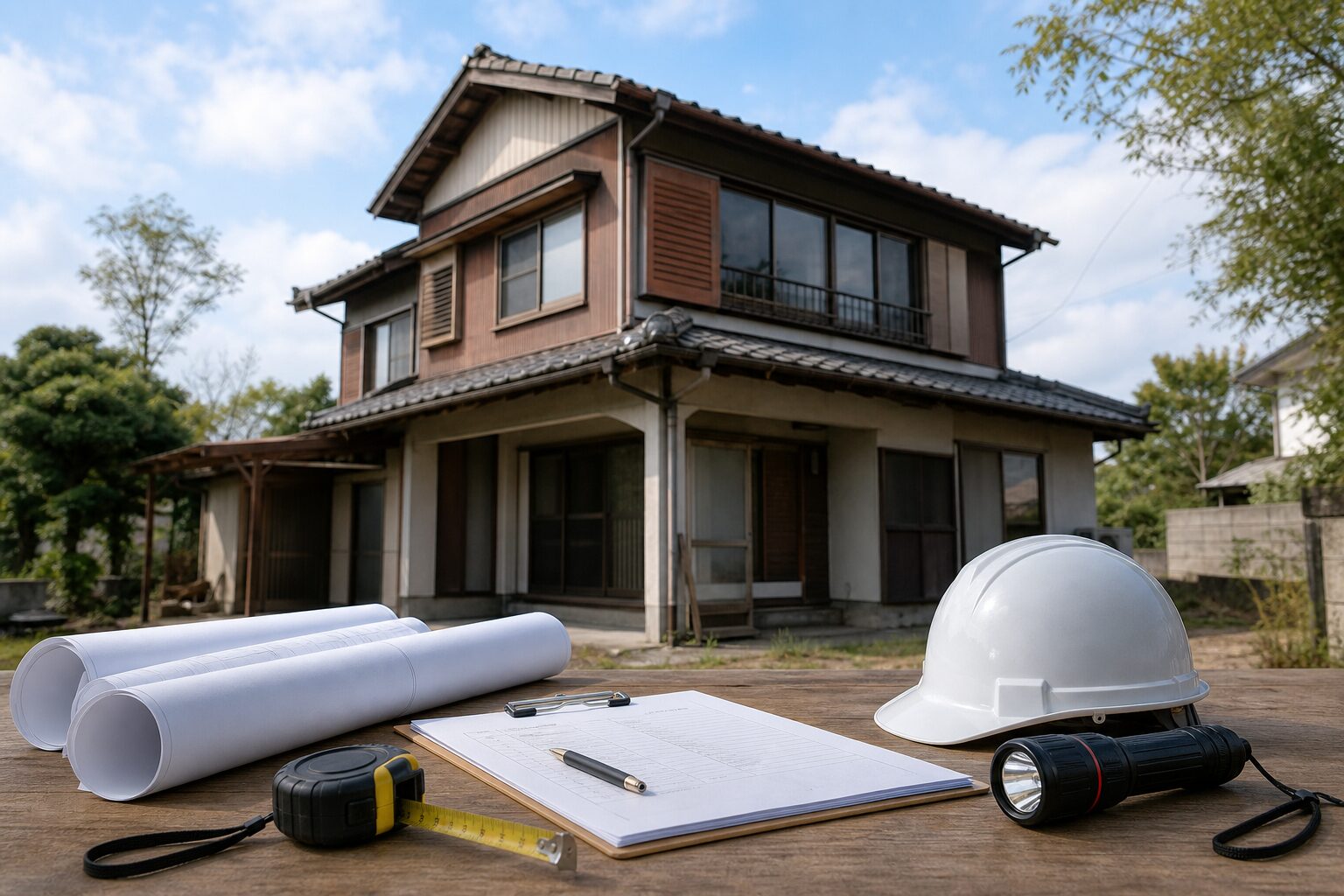築古戸建と建物調査に使う図面や計測道具のイメージ