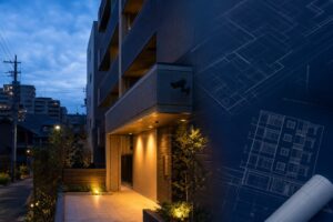 共同住宅の外観と共用エントランスをイメージした写真