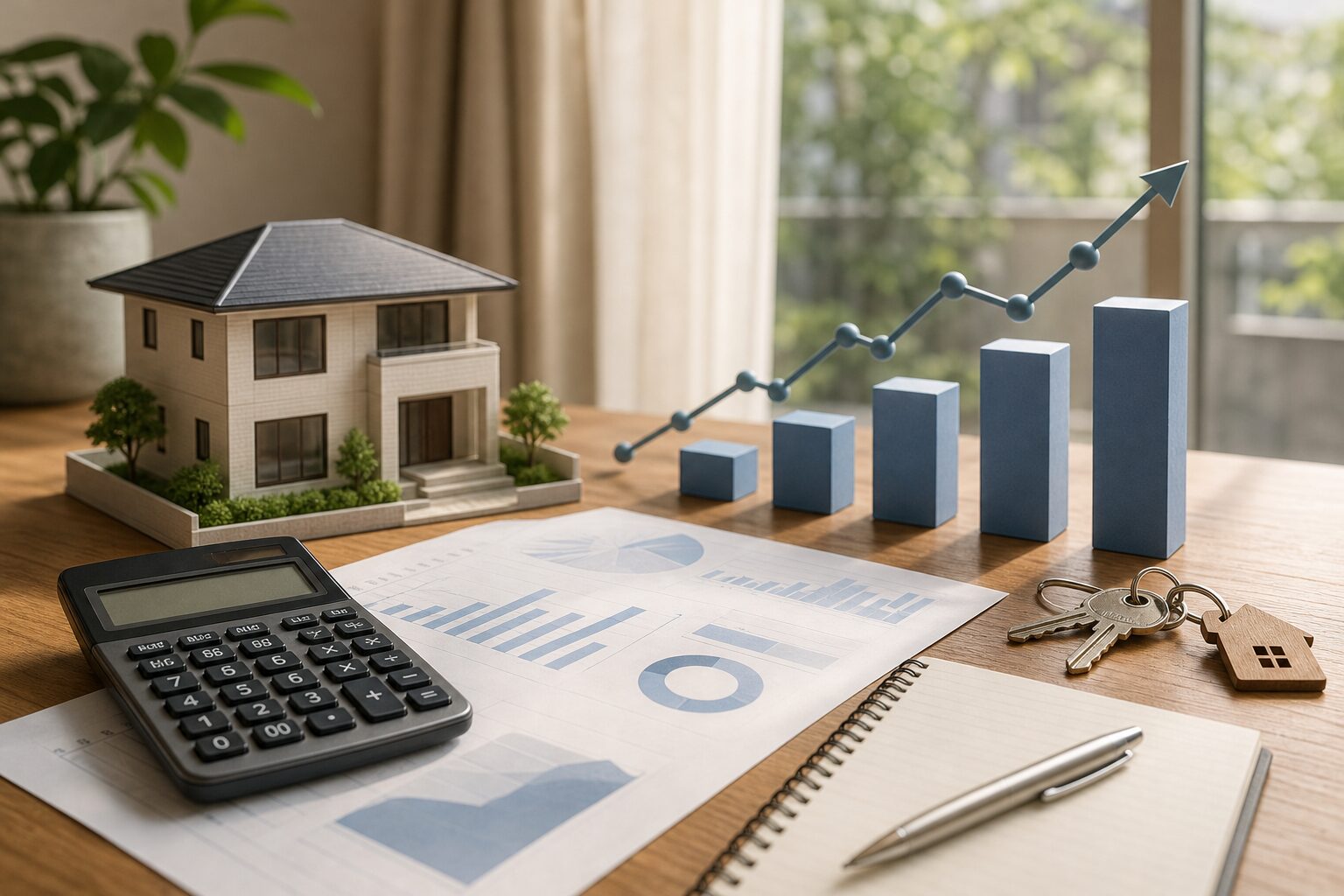 住宅模型と電卓を使って民泊物件の金利上昇リスクを検討するイメージ